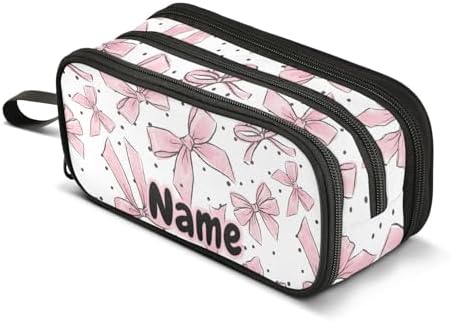 Custom Pink Bows Dots Pencil Case Box Boys Girls Personalized Name Large Pencil Pouch Stationery Pen Bag Organizer for Kids Adults School Office