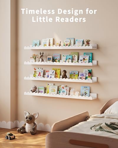 Shario Nursery Book Shelves, 4-Pack White Floating Shelves for Wall Kids, Scalloped Shelves, Wall Book Shelves for Bedro