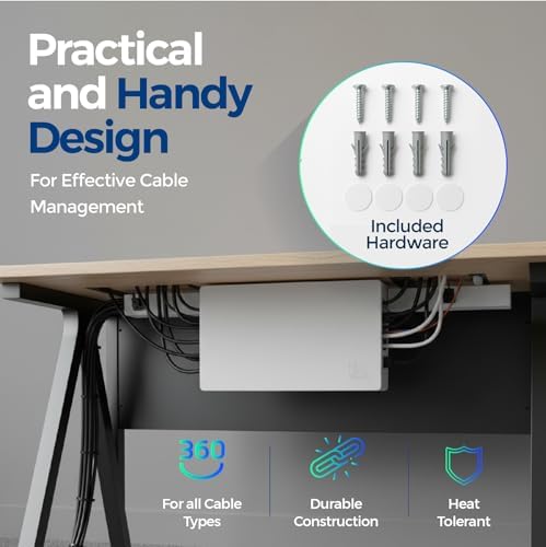 Cable Management Box ABS 12.6x7.9x4.5in, White, Mounting Kit Included