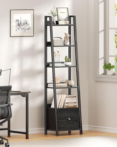 Furologee 6 Tier Ladder Shelf,Ladder Bookshelf with Drawer,Industrial Tall Bookcase,Storage Rack Organizer,Wood Metal Fr