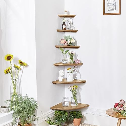 Corner Shelves, Floating Corner Shelf, Set of 3 Solid Oak Wood Corner Wall Shelves, Round End with Wire Hole Shelving fo