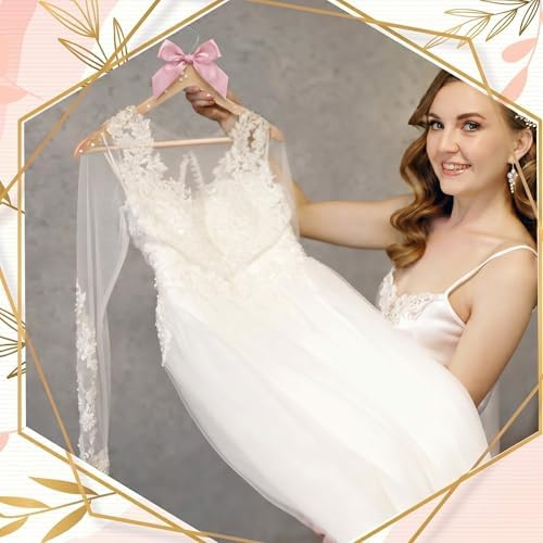 Wonderjune Blush Pink 10 Pcs Bride Hanger for Wedding Bride Groom Bridesmaid Ribbon Bow Pearl Hanger Wood Color Elegant Wooden Dress for Bridal Shower Tuxedo Photo Keepsake Party Gift (Pearl Bow)
