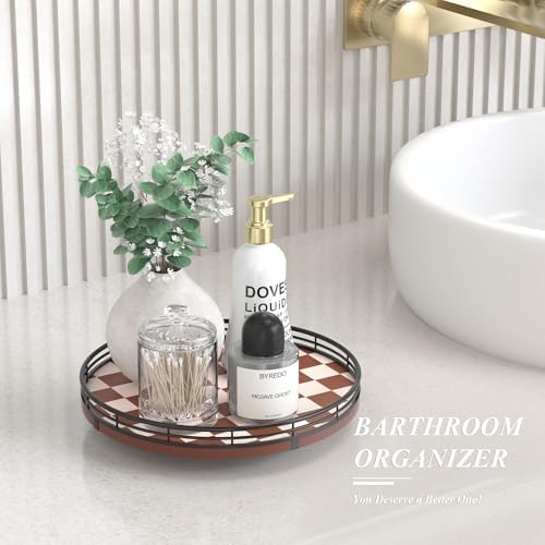AMH 10-Inch Brown Checkerboard Lazy Susan Organizer with Black Metal Rail