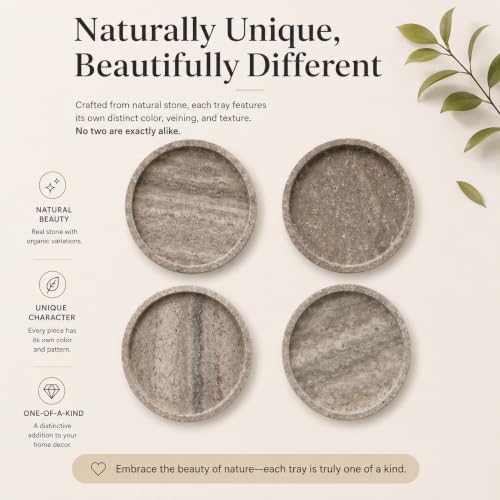 Round Marble Vanity Tray, Gray Travertine,Natural Marble Stone Decorative Tray for Counter, Bathroom, Kitchen, Dresser, 