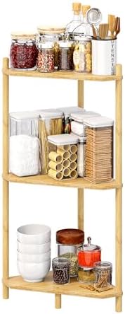 Corner Shelf Stand - 3 Tier Bamboo Small Corner Bookshelf for Office Kitchen Bedroom Plant Stand Living Room Decor Small