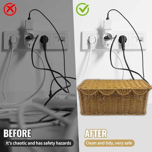 2 Pack Scalloped Edge Cable Management Box Handmade, Plastic Rattan Cable Organizer Box to Hide Wires, Under Desk Cord O