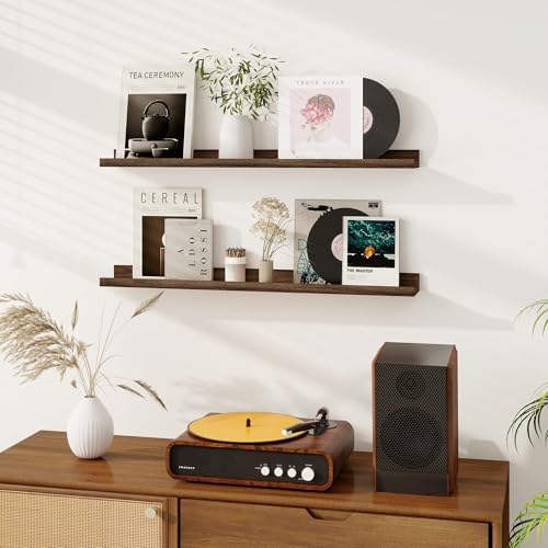 Dreamland Picture Ledge Shelf for Wall, Floating Shelves Set of 2, 36 Inch Long Floating Shelves with Lip for Living Room, Bedroom, Bathroom, Kitchen, Walnut