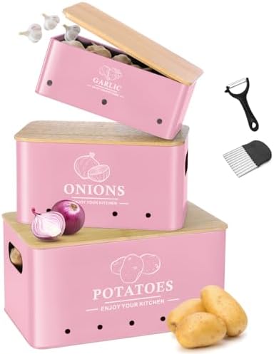 Kitchen Vegetable Storage Set of 3, Metal Onion Garlic Potato Storage Set, Kitchen Canisters Vegetable Keeper Containers