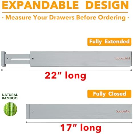 SpaceAid 4 Pack Bamboo Drawer Dividers with Labels, Kitchen Adjustable Drawer Organizers, Expandable Organization for Home Clothes Dressers (17-22 in, Gray)
