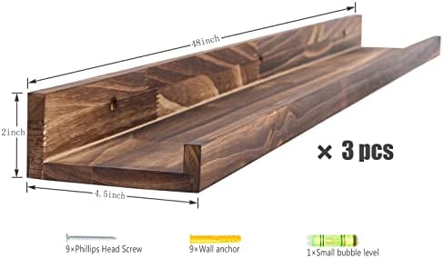 MBYD 48 Inch Picture Ledge Shelf Set of 3, Wall Mount Carbonized Burnt Black Floating Wall Shelves Photo Ledge Natutal P