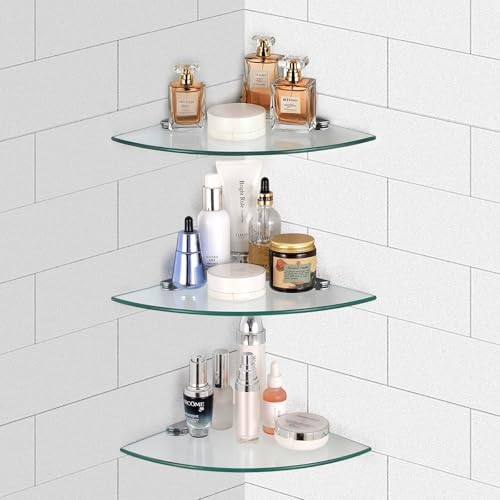 3 Pack Glass Corner Shower Shelves, Tempered Floating Glass Shelves Wall Mount, Shower Caddy Organizer, Bathroom Corner 