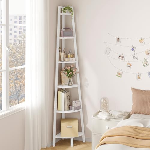 Hoctieon Corner Shelf, 6-Tier Corner Bookshelf, Rustic Ladder Shelf, Industrial Display Stand for Living Room, Kitchen, 