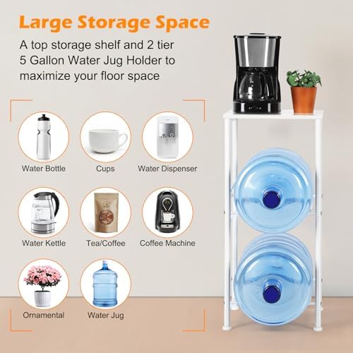 5 Gallon Water Jug Holder Water Dispenser Stand with Top Shelf, 5 Gal Water Bottle Holder with 2 Slots Round Metal Frame