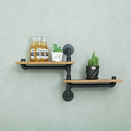 2 Tier Industrial Shelves, Industrial Pipe Shelving, Pipe Corner Shelves with Wood Planks, Floating Shelves Wall Mounted
