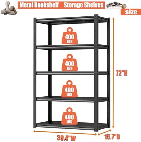 Metal Bookshelf, 5 Tier Adjustable Bookcase with Bolt-Free Storage Shelves