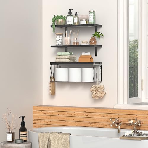 Floating Bathroom Shelves Wall Mounted - Wooden Shelf Set of 3 for Over Toilet Storage & Modern Bathroom Decor - Perfect