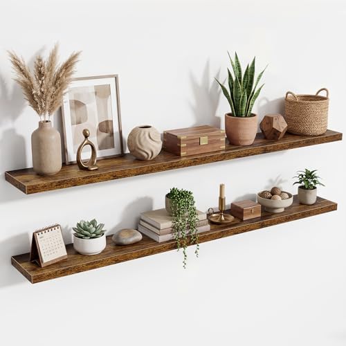 72 Inch Floating Shelves for Wall Set of 2,9.3" Deep Wall Shelves,Rustic Wood Wall Mounted Book Shelves with Invisible B