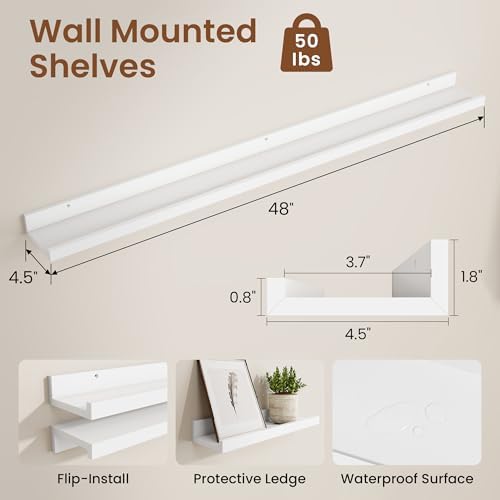 Heimlove Picture Ledge Shelf,48 inch Long Floating Shelves for Wall Set of 2,White Picture Shelf with Lip for Wall Decor