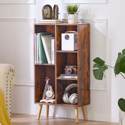 LEYAOYAO 5 Cube Bookshelf, Mid-Century Modern Book Shelf with Legs, Brown