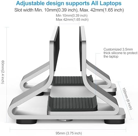 Aluminum Vertical Laptop Stand Dock Holder, Adjustable Slot Width 12-42mm, Space-Saving Upright Storage for MacBook and 