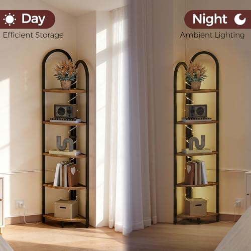 MAHANCRIS 5-Tier Corner Shelf with LED Light, 64.6'' Tall Corner Bookshelf, Narrow Storage Shelf with Metal Frame, for L