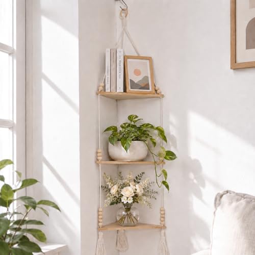 Artilady Macrame Corner Shelf Wall Hanging 3-Tier Adjust Boho Storage Decor