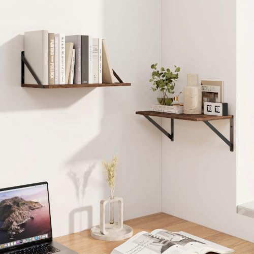 Heimlove Black Deep Floating Shelves for Wall, 15.75W x 8D Wood Wall Shelves Set of 2, Wide Floating Bookshelf for Livin
