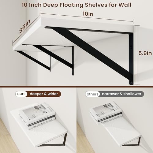 Axeman Deep Floating Shelves, 36'' x 10'' White Wall Shelves Set of 2