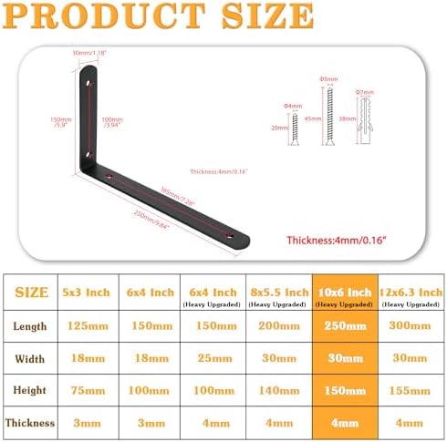 Alise Floating Shelf Brackets,Black L Bracket for Shelves,10x6 Inch,4Pcs
