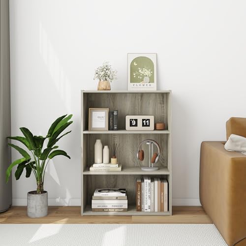 Wood Modern Bookshelf with 3 Display Shelves, Three-Tier Wooden Standing Bookcase, Bookshelf with Rustic Wood Shelves fo
