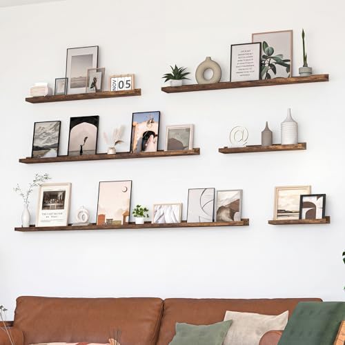Heimlove Picture Ledge Shelf, Floating Shelves Set of 2, 47.24Inches Picture Shelf for Wall with Ledge, Kids Bookshelf Wall Mounted for Living Room Bedroom Decor Books Photo Frames - Rustic Brown