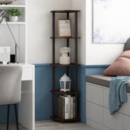 Furinno Turn-N-Tube Toolless Assembly Corner Shelf, 5-Tier Black Corner Bookshelf, Open Storage Shelves, for Organizatio