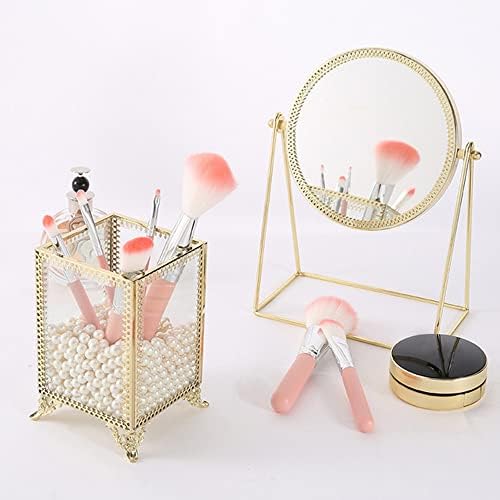 HKS Makeup Brush Holder Vintage Glass Handmade Organizer with White Pearls for Nail Brush, Vanity, Bathroom, Dresser, Co