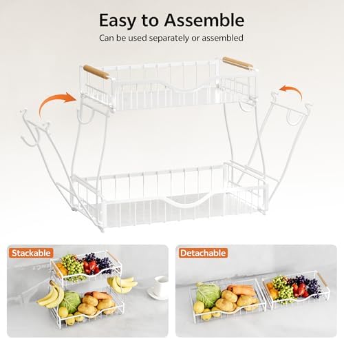 2 Tier Fruit Bowl,Fruit Basket with Banana Hangers,White