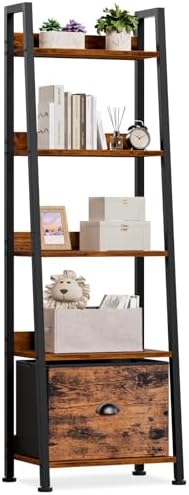 Furologee Ladder Shelf, 5 Tier Bookshelf with Fabric Drawer, Rustic Brown
