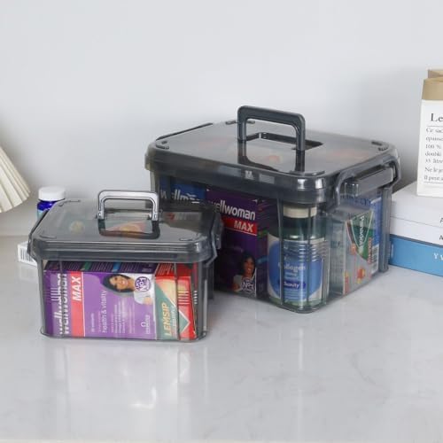 HEY FOLY Set of 2 Medicine Organizer - Plastic Storage Box with Handle Grey