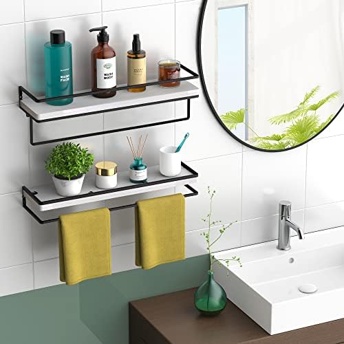 Meangood Floating Shelves Wall Mounted Set of 2, Wall Shelf with Towel Bar Rustic Wood Wall Storage Shelves for Bedroom,
