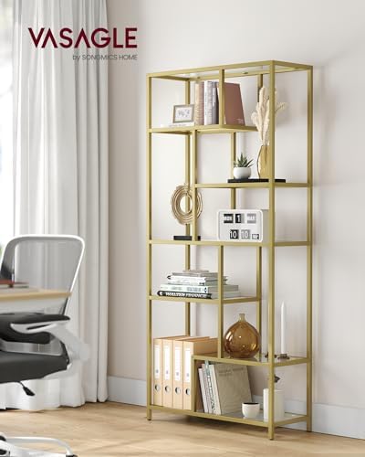 VASAGLE 6-Tier Bookcase, Slim Shelving Unit, Tempered Glass, Steel Frame