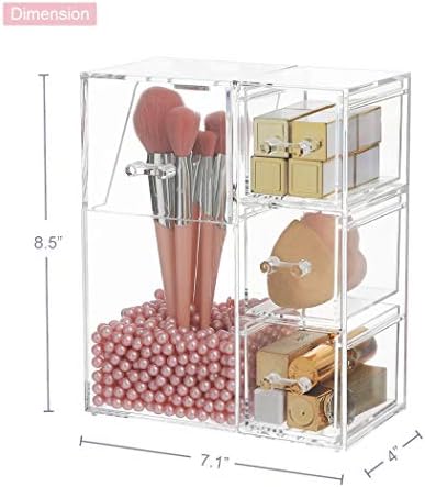 HOSEN Acrylic Makeup Organizer and Brush Holder With Lid Make up Organizer With Pearls Cosmetics Organizer Makeup Brushe