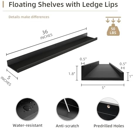 Acovy 36 inch Picture Ledge Shelf, Wood Floating Shelves, Black, Set of 2