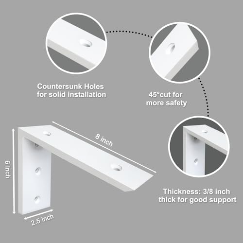 Countertop Support Bracket 4 Pack - 8 Inch Heavy Duty 3/8" Thick White Granite Shelf L Bracket 8"x6"x2.5" - Mantel Corbe