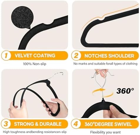 HealSmart 30 Pack Velvet Hangers, Non-Slip Flocked Felt Hangers with Shoulder Notches, Heavy Duty Clothes Hangers for Coats, Pants and Dress Clothes, Black