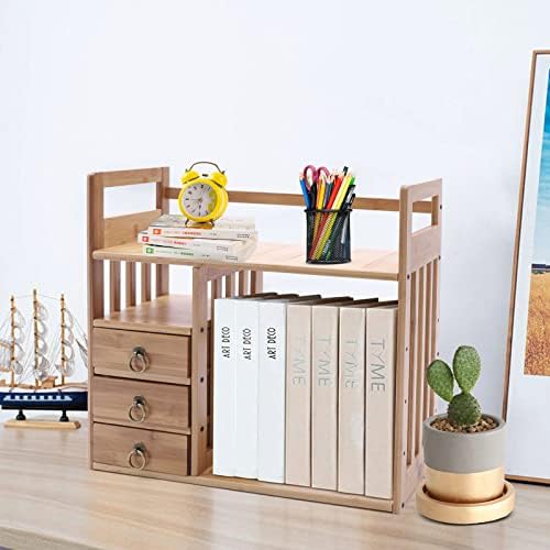 Bamboo Desk Book Shelf,Desktop Bookshelf Storage Rack Tabletop Standing Organizer Bookshelf with 3 Drawers,Freestanding 