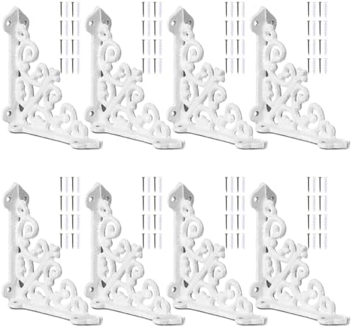 Blulu 8 Pcs Decorative Cast Iron Shelf Bracket L Vintage Bracket, White