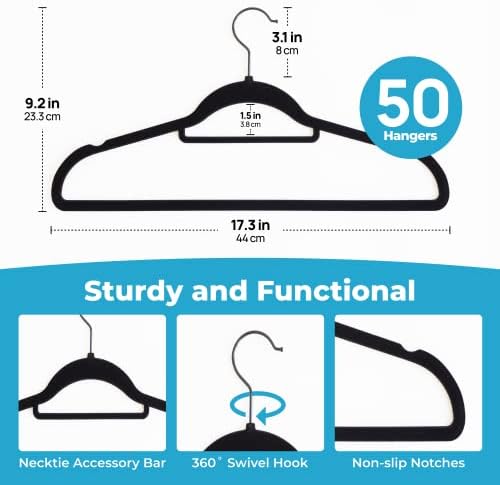 Fontaines Luxury Black Velvet Felt Non Slip Clothes Hangers 50 Pack - Ultra Slim & Space Saving - Heavy Duty Swivel Hook for Clothing, Suit, Top, Tie, Shirt, Skirt & Pant Organization
