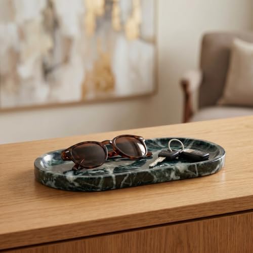 YKAJO Snowflake Green Oval Marble Tray, 9.8x4.7 Vanity Perfume Organizer