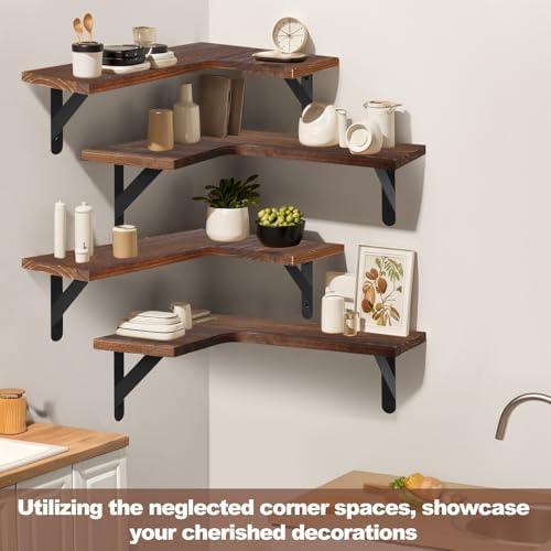 Set of 4 Corner Floating Shelves, L-Shaped Corner Shelf,Dark Brown