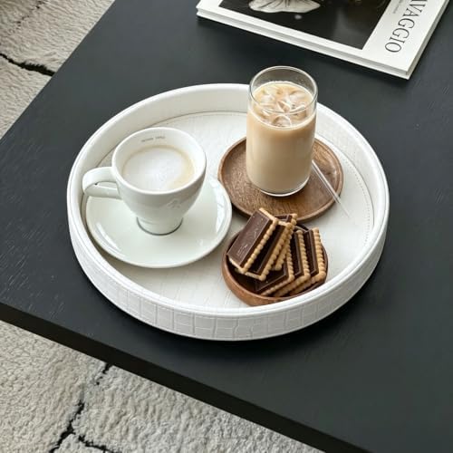HofferRuffer Faux Leather Round Serving Tray, Vegan Croco Leather Decorative Food Tray for Storage Drinks, Snack & Cosme