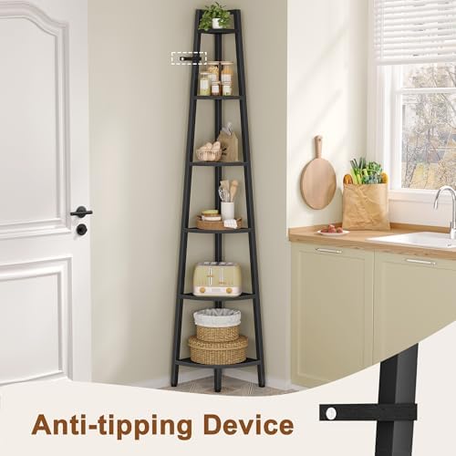 Hoctieon Corner Shelf, 6-Tier Corner Bookshelf, Rustic Ladder Shelf, Industrial Display Stand for Living Room, Kitchen, 
