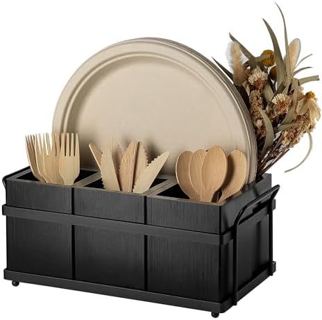 PTSTING Silverware Caddy Black Wood Silverware Holder Paper Plate Dispenser